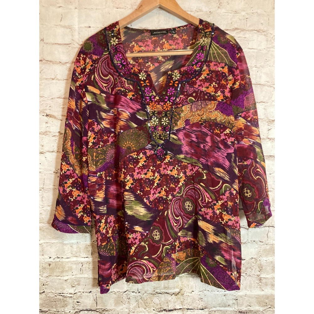 Notations Tunic Top Women XL‎ Dark Romantic Florals Embroidery Semi Sheer Purple
